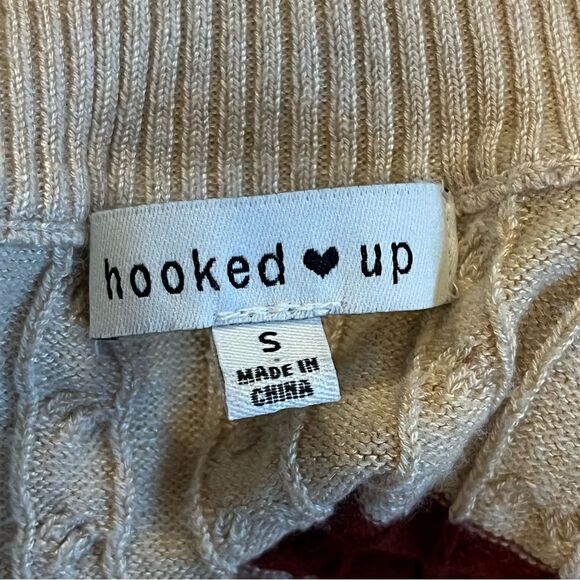 Hooked Up Striped Mock Neck Cable Knit Sweater Tan Burgundy Size Small - Picture 6 of 8